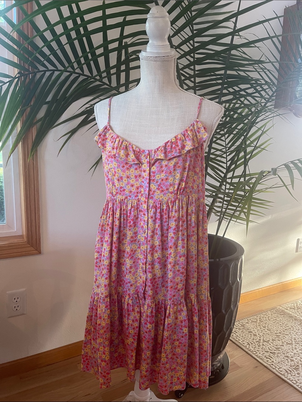 Dress Forum Pink and Yellow Floral Ruffle Tiered Dress